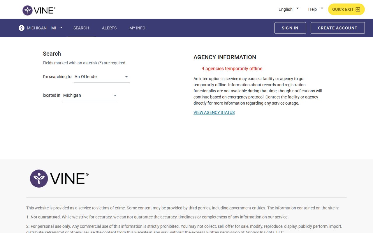 Public Michigan VINELink person search interface