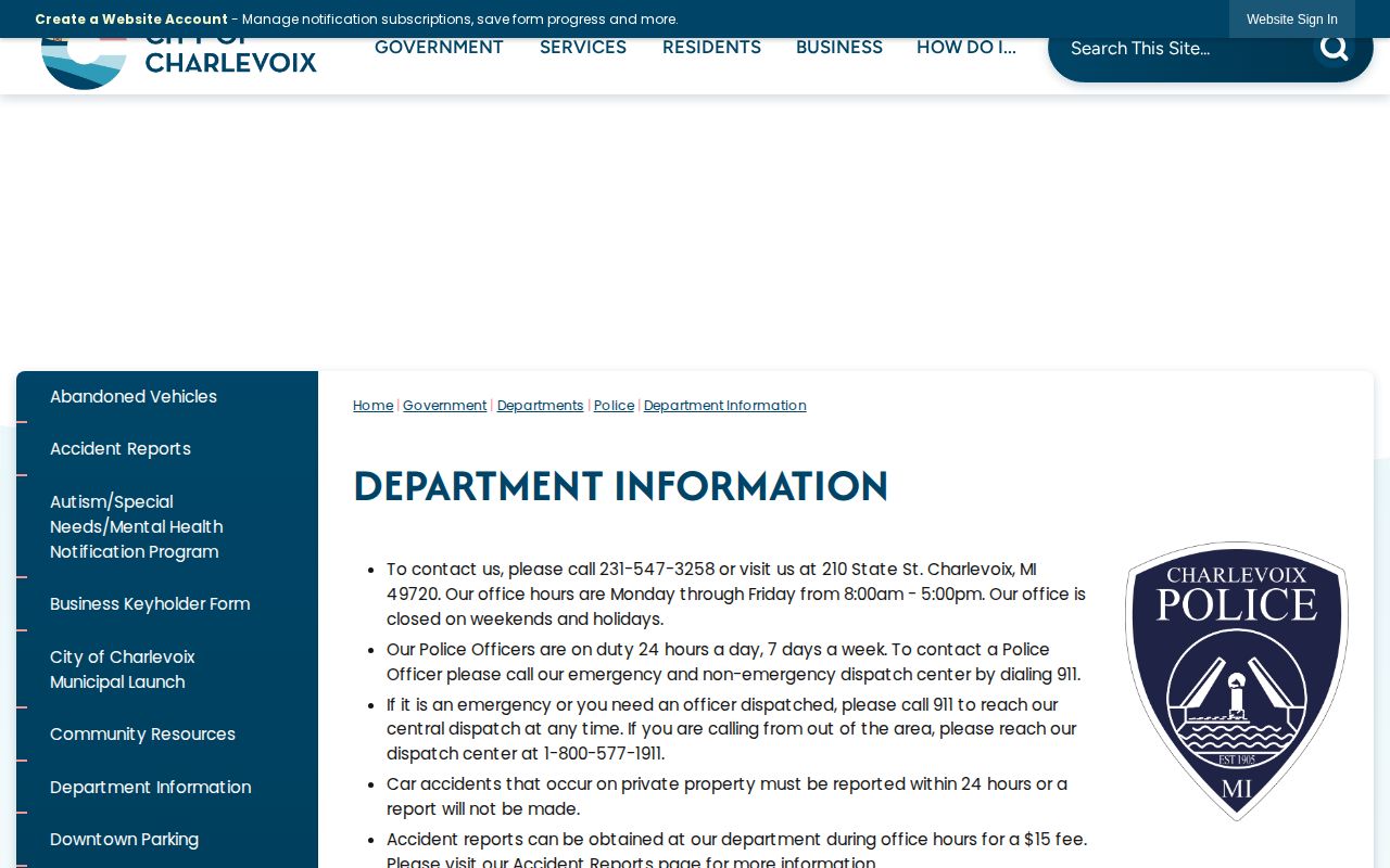 Official Charlevoix Police Department information page with inmate and records directions