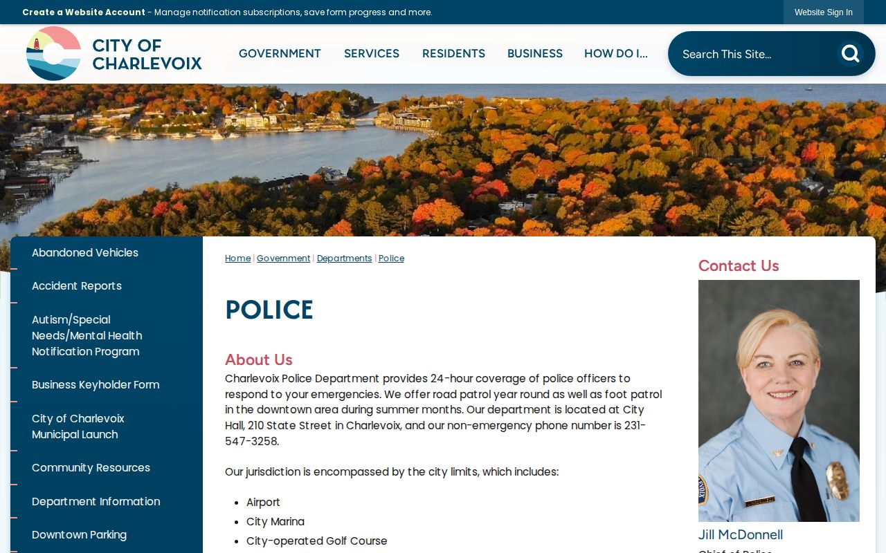 Official Charlevoix Police Department webpage describing the city police service