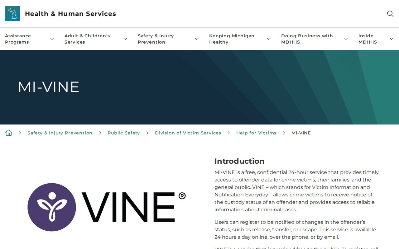 Michigan MI-VINE custody notification information page