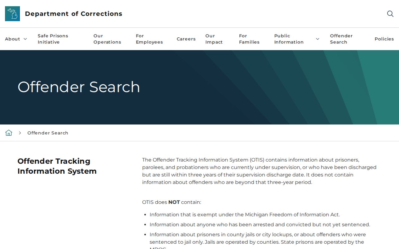Michigan corrections OTIS information and search limits