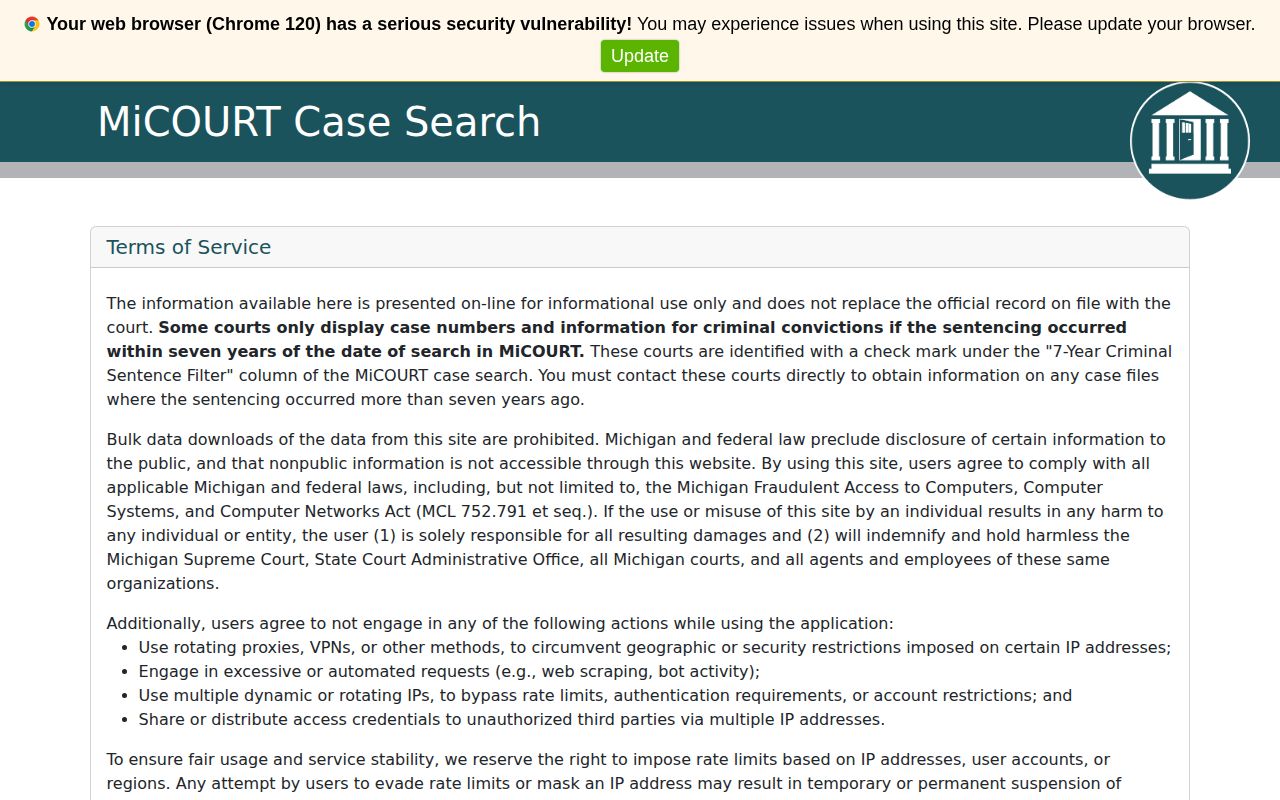 Michigan MiCOURT case search without person-specific details