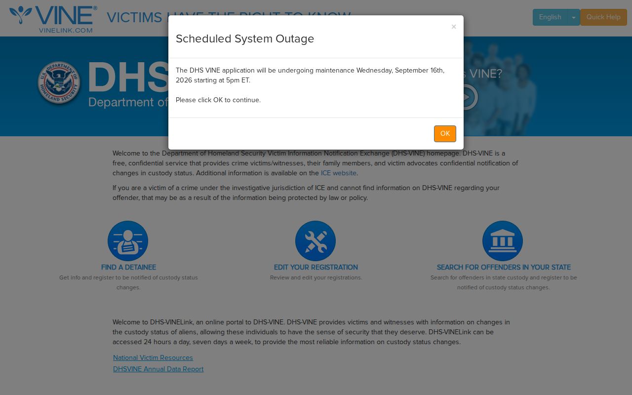 DHS VINE immigration detention search separate from Michigan MI-VINE